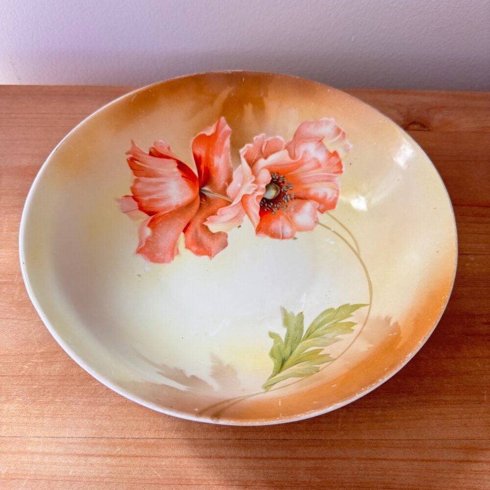 Vintage 9” Bowl JHR Germany Poppy Flower Light Green Orange Pink - Picture 1 of 5